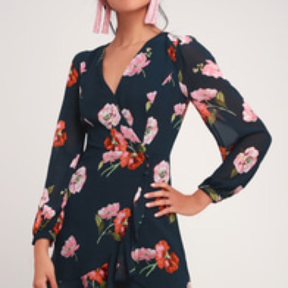 In Full Bloom Navy Blue Floral Print Long Sleeve Mini Dress